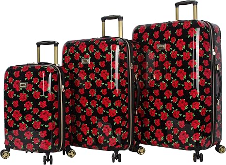 Betsey Johnson Designer Luggage Collection - Expandable 3 Piece Hardside Lightweight Spinner Suitcase Set - Travel Set includes 20-Inch Carry On, 26 inch and 30-Inch Checked Suitcase (Covered Roses) - skull suitcase