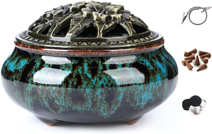 Censer Sky Blue Incense Burner with Calabash Incense Stick Holder - Porcelain Charcoal Censer for Use with Resin Granular Powder Cone or Coil Incense (Blue Fambe) - skull incense burner