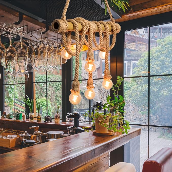 Arturesthome 6 Heads Hemp Rope Pendant Light, Vintage Bamboo Chandeliers Fixture Kitchen Island, Rustic Industrial Hanging Lamp for Bedroom Restaurant Cafe Bar Country Style Decoration - skull lamp