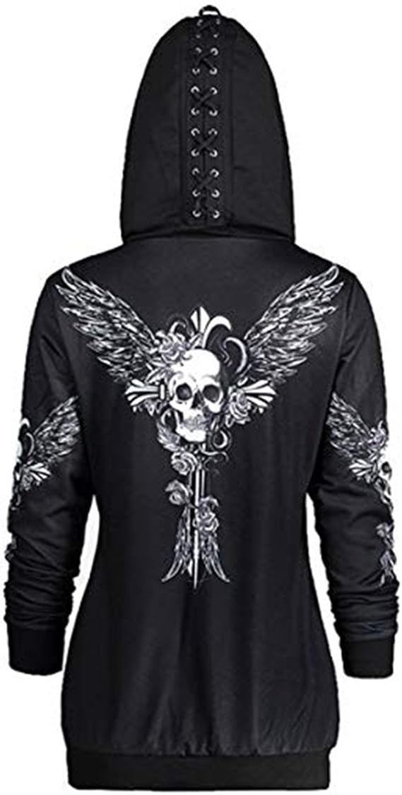 TOMETO STAR Women Causal Zipper Hoodie Skull Wings Print Hooded Jacket Coat Loose Sweatshirt Plus Size - skull sweatshirts