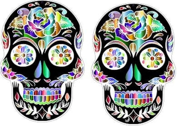 2-Pack Sugar Skull Stickers – 4 Inch Vinyl Calavera Decals in Black/Multicolor – Dia de Los Muertos Skull Stickers for Kids, Laptops, Scrapbooks, Crafts, Day of The Dead Decorations - sugar skull ornament
