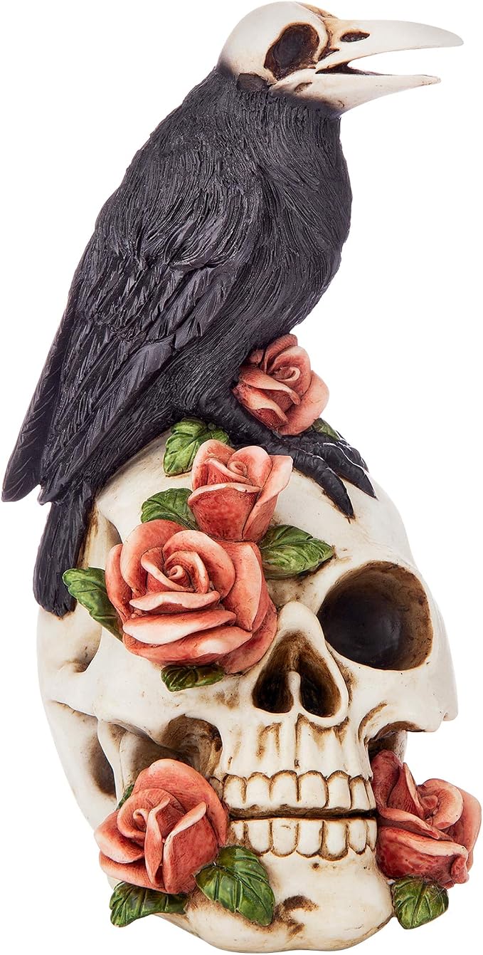 Design Toscano QS24063 Raven and Roses Day of the Dead Gothic Skull Statue, full color - skull figurine