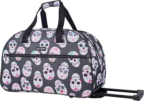 Betsey Johnson Designer Carry On Luggage Collection - Lightweight Pattern 22 Inch Duffel Bag- Weekender Overnight Business Travel Suitcase with 2- Rolling Spinner Wheels (Skull Party) - skull suitcase