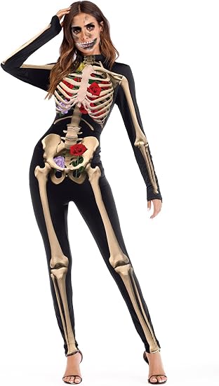 ALBIZIA Women's Skull Skeleton Halloween Costume Jumpsuit Bodysuit Cosplay Bodysuit Outfit - sugar skull costume