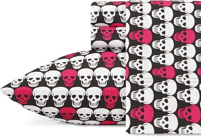 Betsey Johnson - Queen Sheet Set with Matching Pillowcases, Deep Pockets - skull bedding