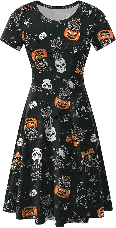 Women Halloween Short Sleeves Printed Dress Vintage Style A-Line Party Dresses - skull jacket