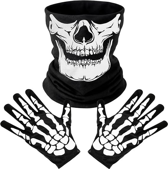 White Skeleton Gloves and Skull Face Mask Ghost Bones for Adult Halloween - sugar skull costume