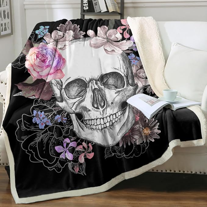 Sleepwish Black Throw Blanket Sherpa Fleece Halloween Blanket Skull Rose - skull blanket