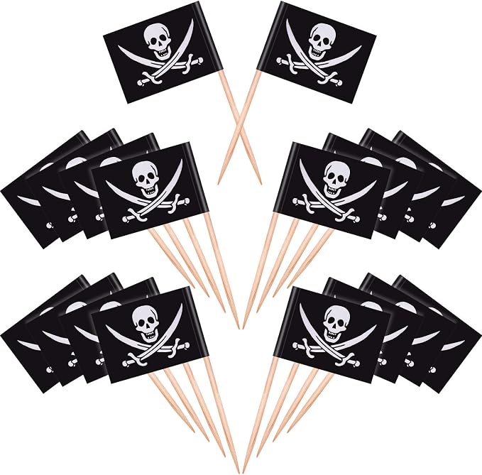 Blulu 100 Pcs Pirate Cocktail Toothpicks Flag Toppers for Food Party, 100 - skull plate