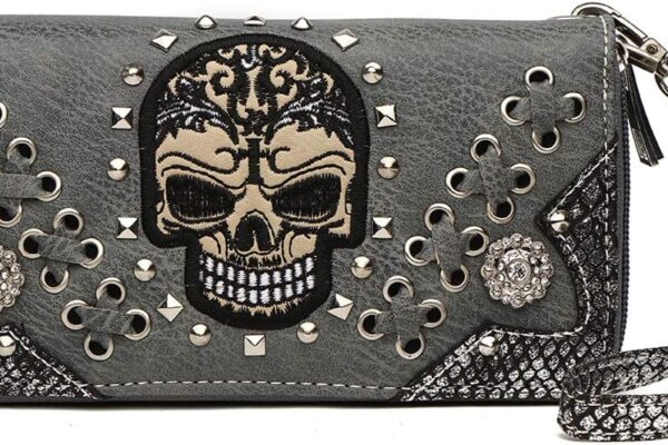 Punk Studs Gothic Skull Chain Art Rivet Buckle Studded Women Wallet Day of the Dead Zipper Wristlet Purse