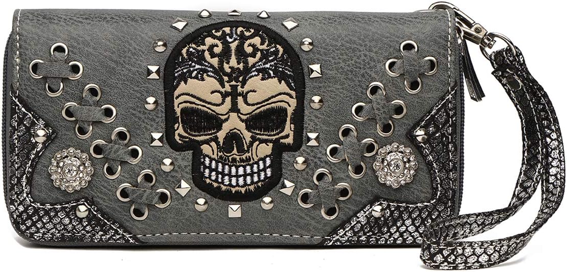Punk Studs Gothic Skull Chain Art Rivet Buckle Studded Women Wallet Day of the Dead Zipper Wristlet Purse - sugar skull handbags for sale