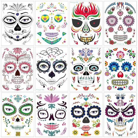 Halloween Temporary Face Tattoos (12Pack), Konsait Day of the Dead Sugar Skull Floral Black Skeleton Web Red Roses Full Face Mask Tattoo for Women Men Adult Kids Boys Halloween Party Favor Supplies - sugar skull costume