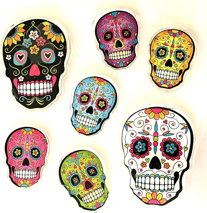 Greenbrier International New Pack of 7 Sugar Skull Day of The Dead Window Mirror Clings - skull sticker