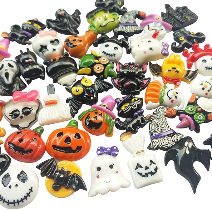 Chenkou Craft Random 50pcs Mix Lots Resin Flatback Flat Back Halloween Craft Embellishment Wizard Pumpkin Lantern Ghost Spider Skull Castle+Clear Box (50)
