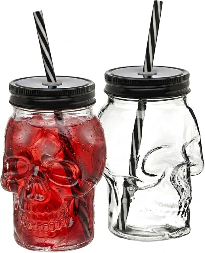 Godinger Skull Mason Jar Mug Tumbler Glass Cups with Cover and Straw, Halloween Decor, Drinking Glasses – 16oz – Set of 2