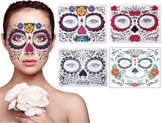 4 Pack Day of the Dead Sugar Skull Face Temporary Tattoo Halloween Makeup Tattoo Stickers for Halloween Masquerade Party(Floral, Red Roses,Black and Floral Skeleton) - sugar skull costume