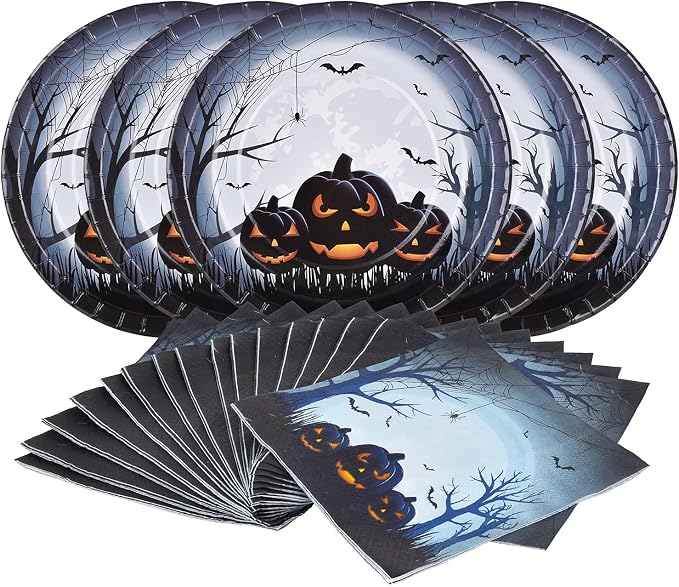 Halloween Party Supplies Anger Black Pumpkin Disposable 10 inch Big Paper Plates and Paper Napkins for Spooky Halloween Party Decorations Serve 16 - skull plate