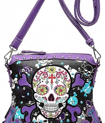 Gothic Sugar Skull Crossbody Purse for Women Rhinestone Studs Shoulder Bag