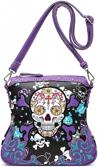 Gothic Sugar Skull Crossbody Purse for Women Rhinestone Studs Shoulder Bag - sugar skull handbags for sale