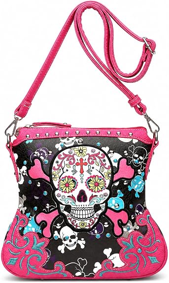 Gothic Sugar Skull Crossbody Purse for Women Rhinestone Studs Shoulder Bag - sugar skull handbags for sale