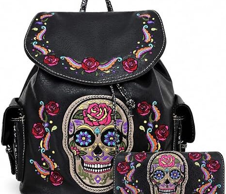 Western Trendy Gothic Skull Backpack Purse and Wallet Set for Women (#1 Black Set)