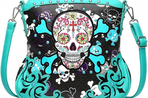 Gothic Sugar Skull Crossbody Purse for Women Rhinestone Studs Shoulder Bag