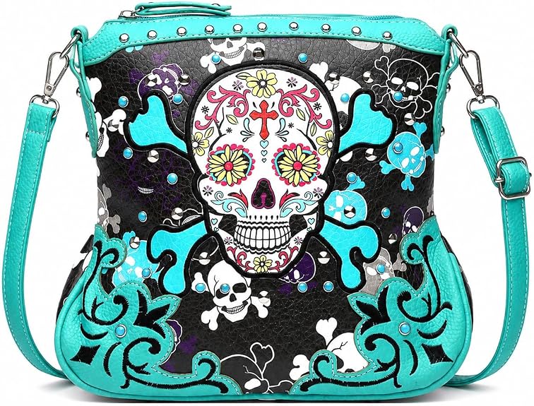 Gothic Sugar Skull Crossbody Purse for Women Rhinestone Studs Shoulder Bag - sugar skull handbags for sale