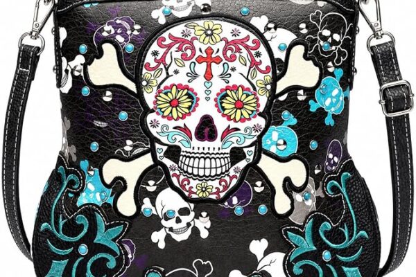 Gothic Sugar Skull Crossbody Purse for Women Rhinestone Studs Shoulder Bag