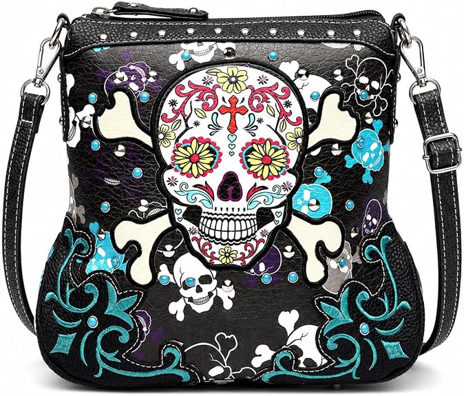 Gothic Sugar Skull Crossbody Purse for Women Rhinestone Studs Shoulder Bag