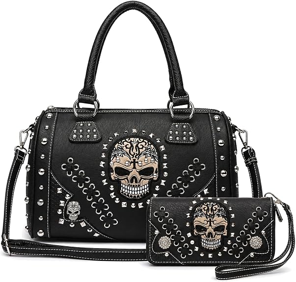 Gothic Skull Handbag and Wallet Set for Women Western Satchel Purse Bags - sugar skull handbags for sale