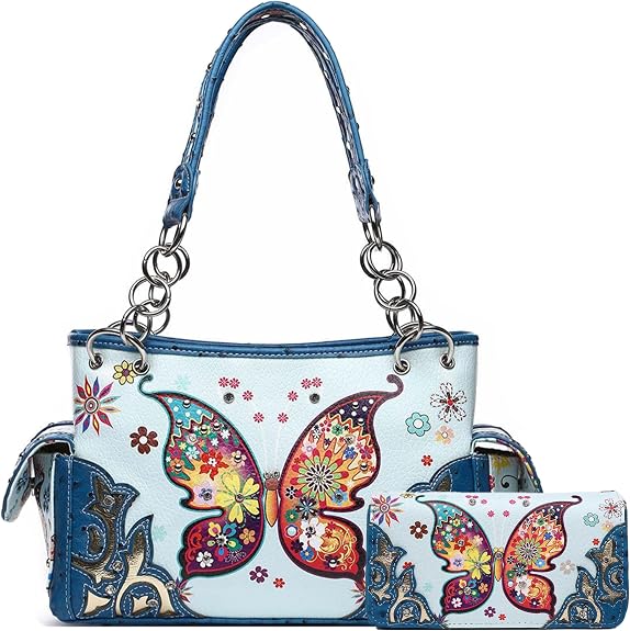 Western Trendy Western Butterfly Purse & Wallet Set for Women Shoulder Bag - sugar skull handbags for sale