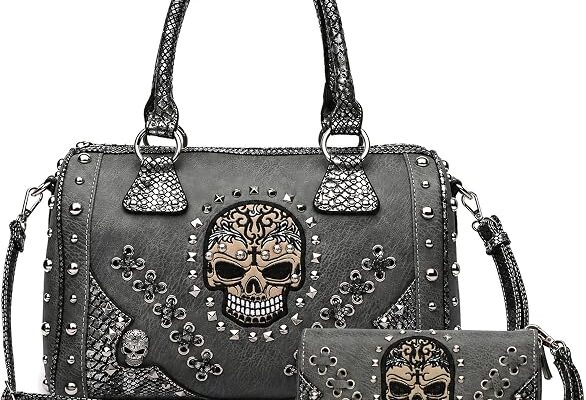 Gothic Skull Handbag and Wallet Set for Women Western Satchel Purse Bags