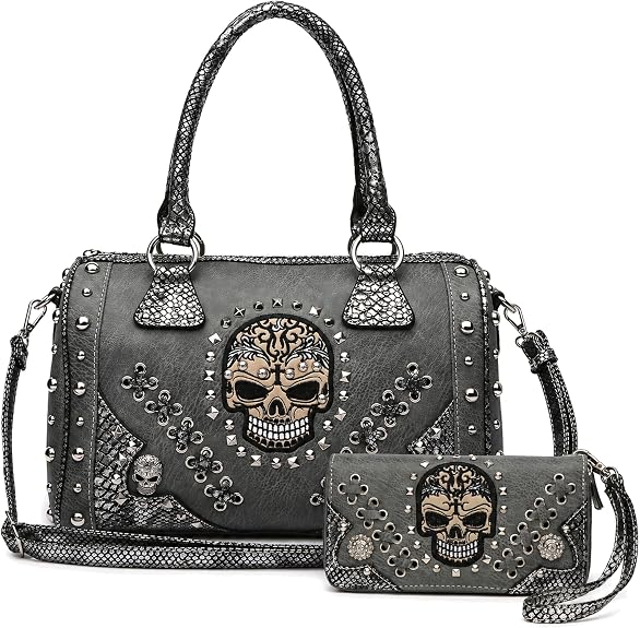 Gothic Skull Handbag and Wallet Set for Women Western Satchel Purse Bags
