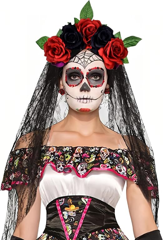 Day of the Dead Headpiece Rose Floral Crown Veil Halloween Costume Mexican Flower Headband - skull headband