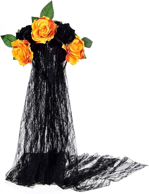 Day of the Dead Headpiece Rose Floral Crown Veil Halloween Costume Mexican Flower Headband - sugar skull makeup