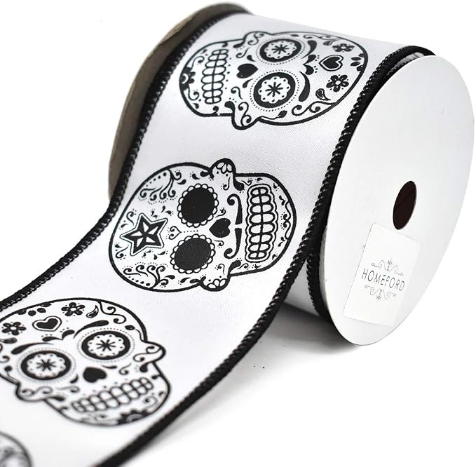 Homeford Day of the Dead Sugar Skull Wired Ribbon, White, 2-1/2-Inch - skull wreath