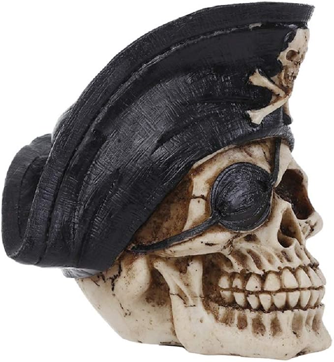 ChezMax Funnuf Realistic Human Skull Resin Statue Head Skeleton Ghost Whisper Graveyard of Craniums Figurine Sculpture, Skull with Pirate, 5.5 Inch1 - skull figurine