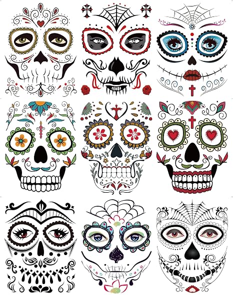 DaLin 9 Sheets Floral Day of the Dead Sugar Skull Temporary Face Tattoos for Halloween - sugar skull makeup