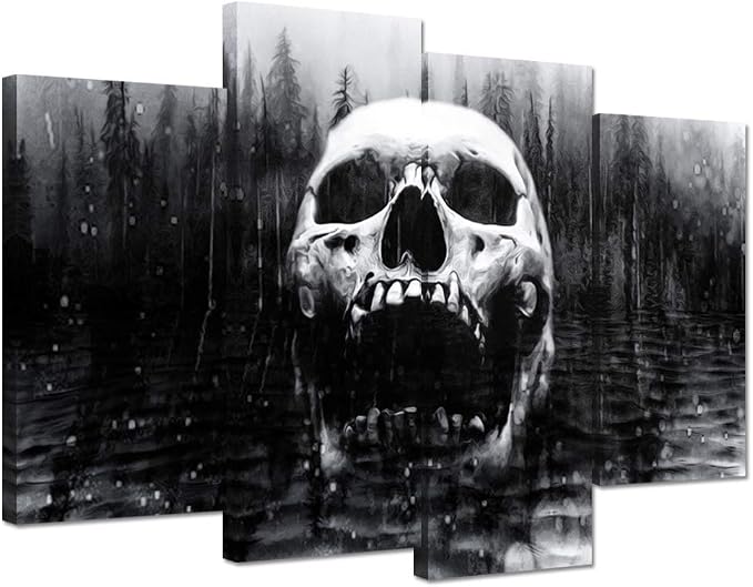 iHAPPYWALL Halloween Day of Dead Skull in Dark Foggy Lake Abstract Black and White Contemporary Picture Print 4 Panel Large Canavs for Modern Home Decoration Ready to Hang - skull wall art