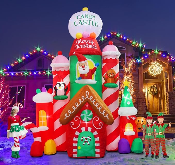 [Flash Light] 10FT Tall Christmas Inflatable Outdoor Decoration Candy Castle with Santa Gingerbread and Penguin, Christmas Blow Up Candy Castle Inflatables for Xmas Outdoor Decorations - skull inflatable