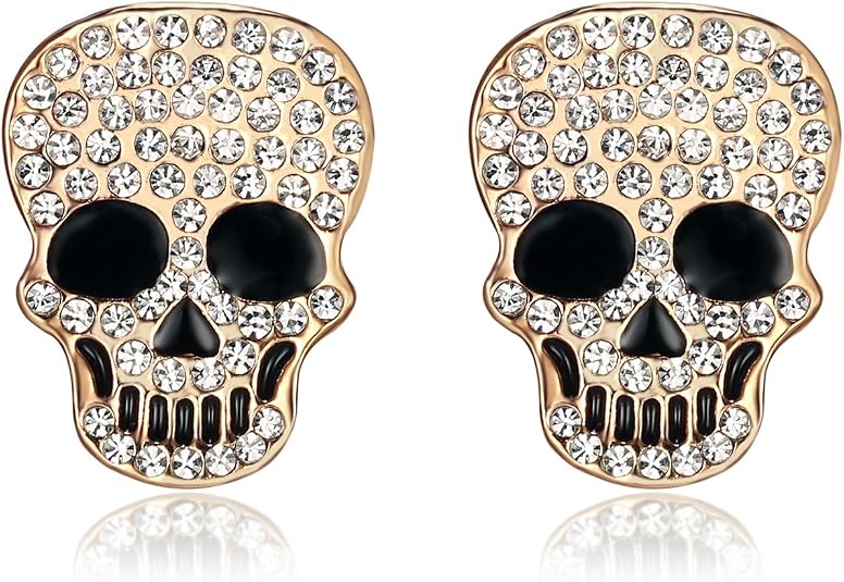 18K Gold Plated Crystal Skull Skeleton Stud Clip Stainless Steel Halloween Earrings for Women Gift - sugar skull costume