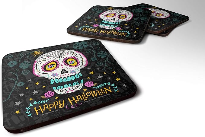 Caroline's Treasures VHA3035FC Happy Halloween Day of The Dead Foam Coaster Set of 4 Set of 4 Cup Coasters for Indoor Outdoor, Tabletop Protection, Anti Slip, Mouse pad Material - skull coaster