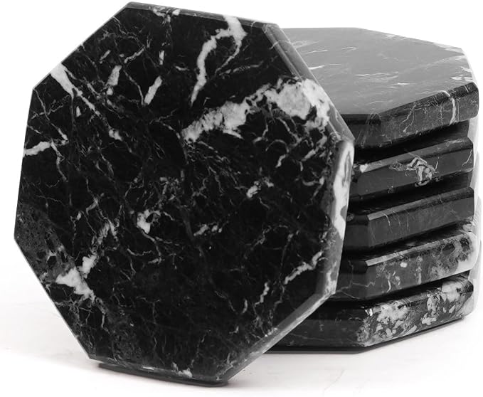Radicaln Marble Coasters Set of 6 Black Drink Coasters for Table Decor - skull coaster
