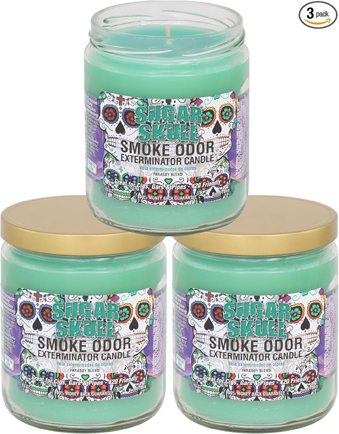 Smoke Odor Exterminator 13 oz Jar Candles (Sugar Skull, 3) Set of Three Candles. - skull candle