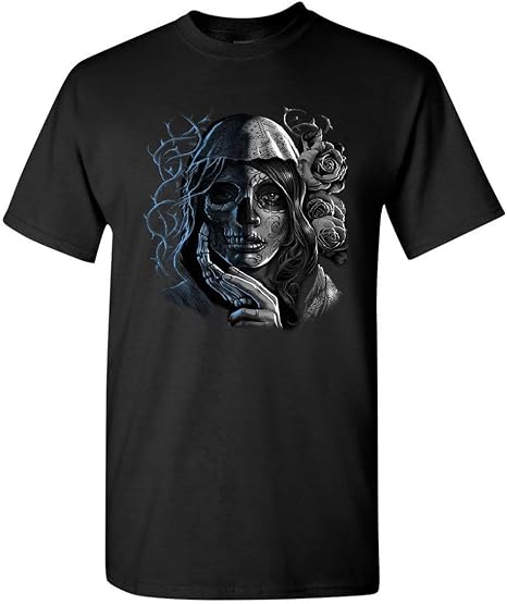 Dead Girl with Roses T-Shirt Sugar Skull Face Day of The Dead Mens Tee Shirt - skull hoodie