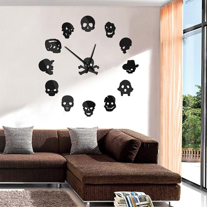 Large 3D Skull DIY Wall Clock Frameless Mirror Surface Wall Sticker (Black) - skull watch