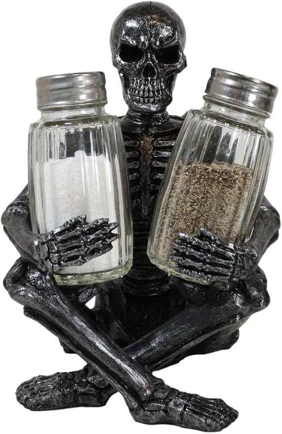 Ebros Gothic Day Of The Dead Graveyard Garnish Sitting Skeleton Salt And Pepper Shakers Holder Figurine Set 6.25" High Fantasy Ossuary Macabre Skulls And Skeletons Kitchen Decor Statue - skull figurine