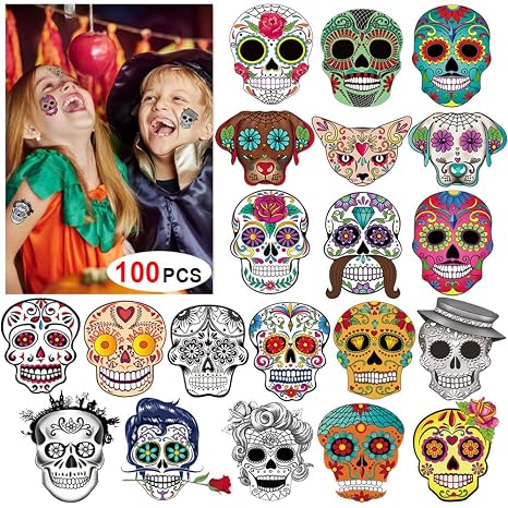 Day of the Dead Sugar Skull Tattoos(100Counts),Konsait Halloween Temporary Face Tattoos Sugar Skull Puppy Black Skeleton Web Red Roses Tattoo for kids Boys Girls Mexican Halloween Party Favor Supplies - sugar skull makeup