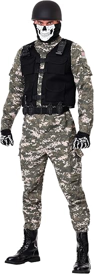 Adult Battle Soldier Costume | Mens Modern Camouflaged Jumpsuit, Black Tactical Vest, Helmet, Skull Mask, Belt w/Gear - sugar skull costume