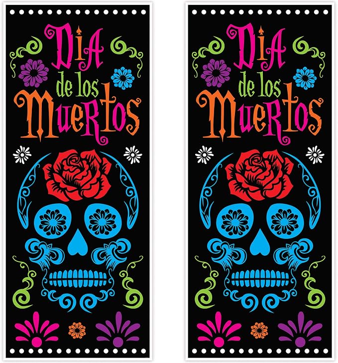 Beistle Day Of The Dead Door Covers – 2 All-Weather Día de los Muertos Plastic Door and Wall Decorations, Sugar Skull Design for Halloween Parties, Cultural Celebrations and Fiesta Events, 6' x 30" - skull sticker